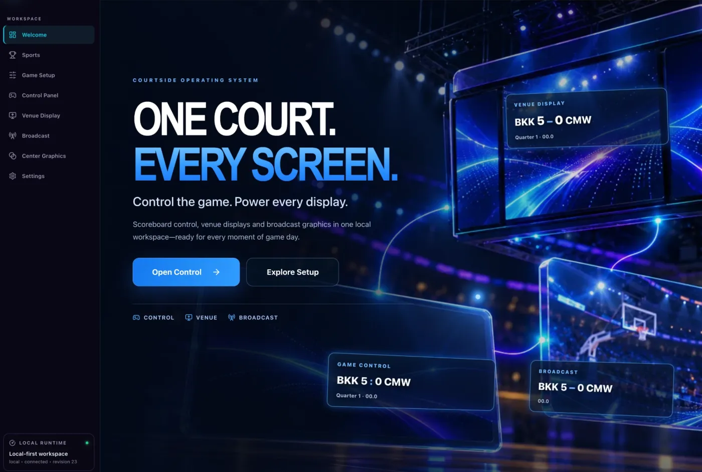 Courtside Operating System home screen for scoreboard control, venue displays and broadcast graphics