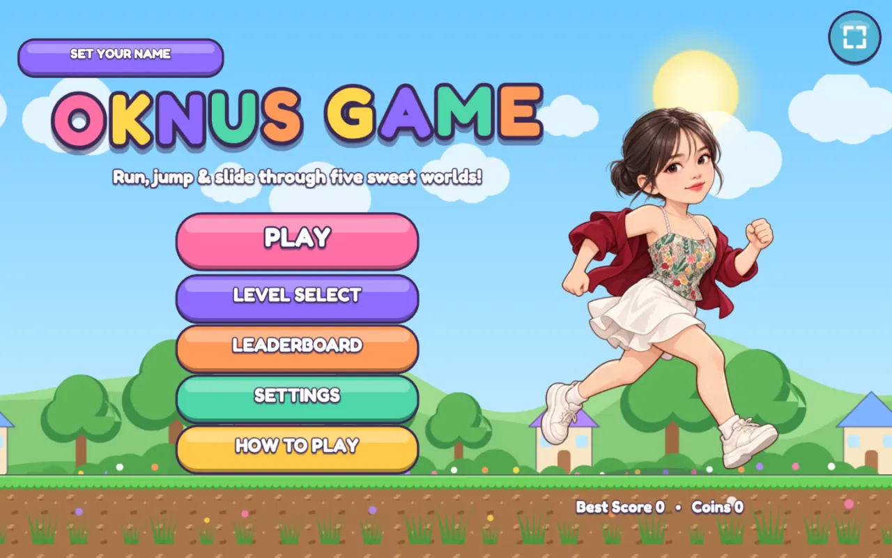 Oknus Game menu screen with the heroine running through a garden